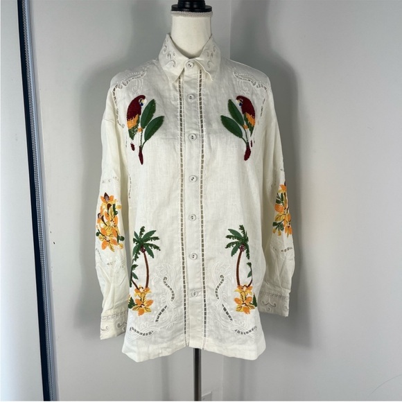 Farm Rio Tropical Destination Embroidered Beaded Linen Shirt - Picture 2 of 14